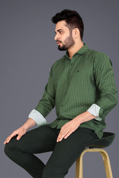 Dark Green Cotton Blend Lining Print Causal Shirt