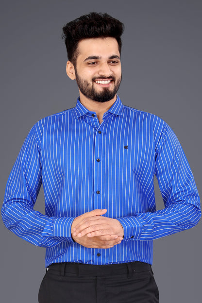 Blue Cotton Blend Lining Print Causal Shirt