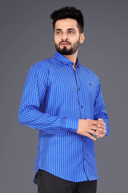 Blue Cotton Blend Lining Print Causal Shirt