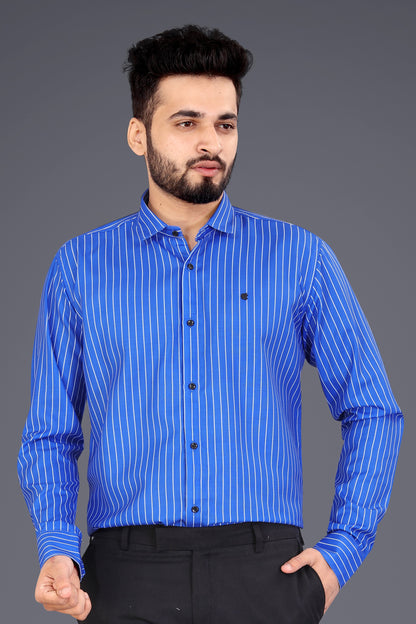 Blue Cotton Blend Lining Print Causal Shirt