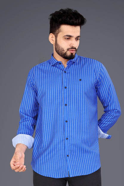 Blue Cotton Blend Lining Print Causal Shirt