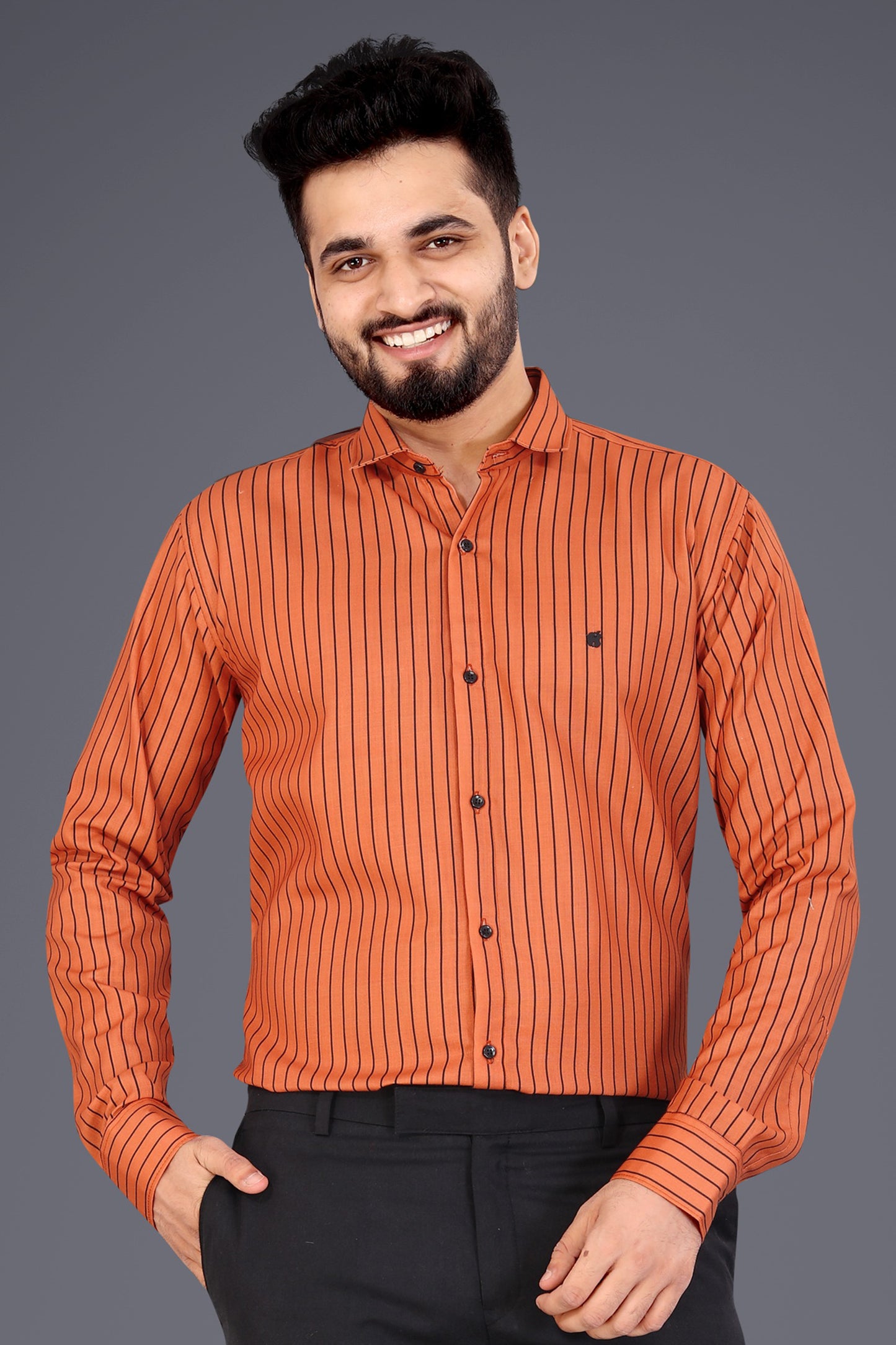 Brown Cotton Blend Lining Print Causal Shirt