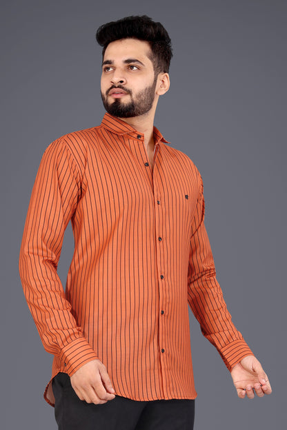 Brown Cotton Blend Lining Print Causal Shirt