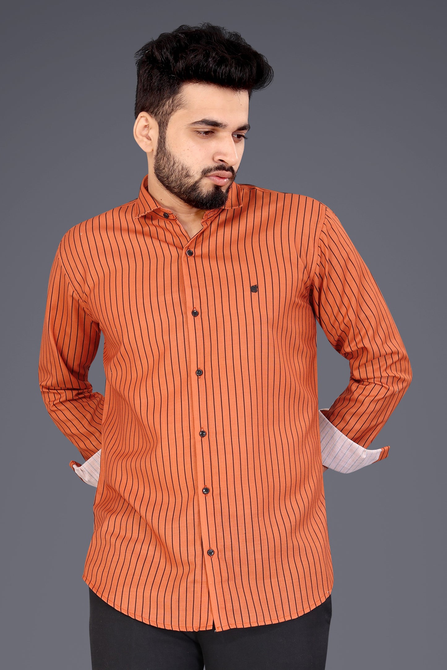 Brown Cotton Blend Lining Print Causal Shirt