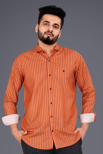 Brown Cotton Blend Lining Print Causal Shirt