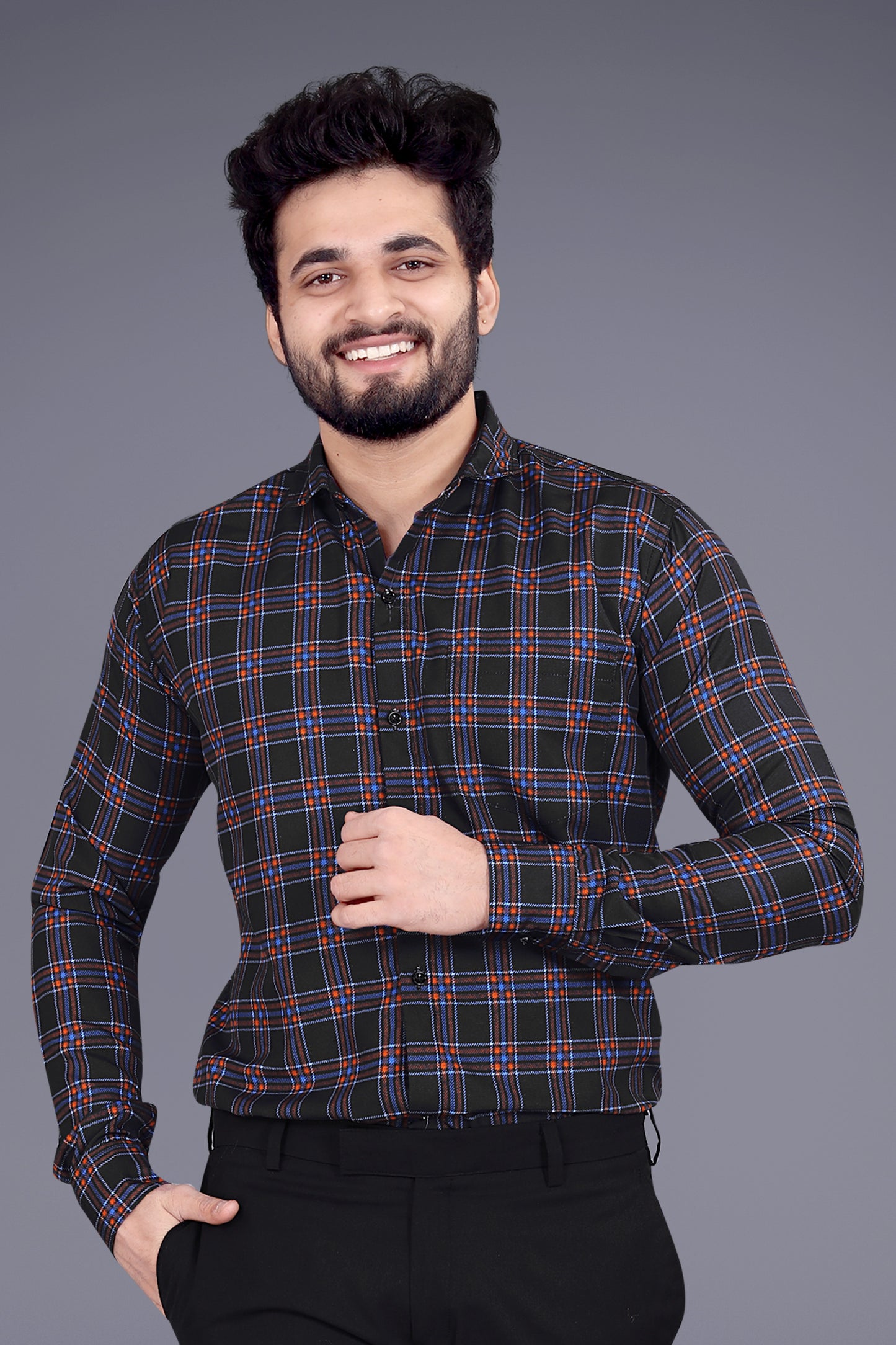 Black Cotton Blend Checks Print Casual Shirt