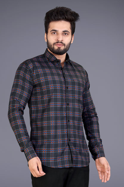 Black Cotton Blend Checks Print Casual Shirt