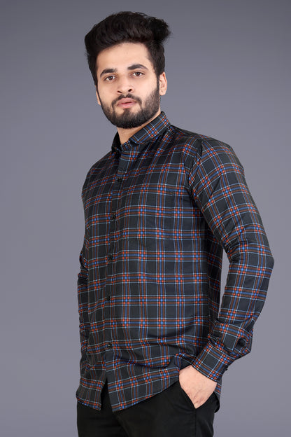 Black Cotton Blend Checks Print Casual Shirt