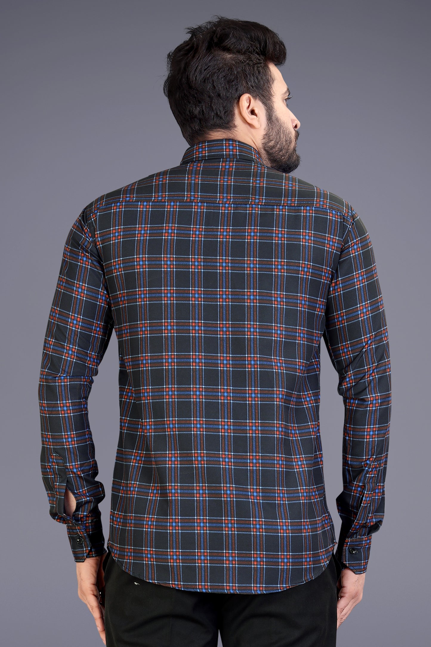 Black Cotton Blend Checks Print Casual Shirt