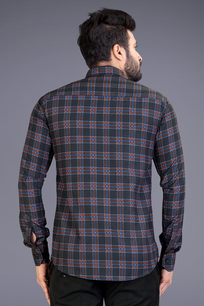 Black Cotton Blend Checks Print Casual Shirt