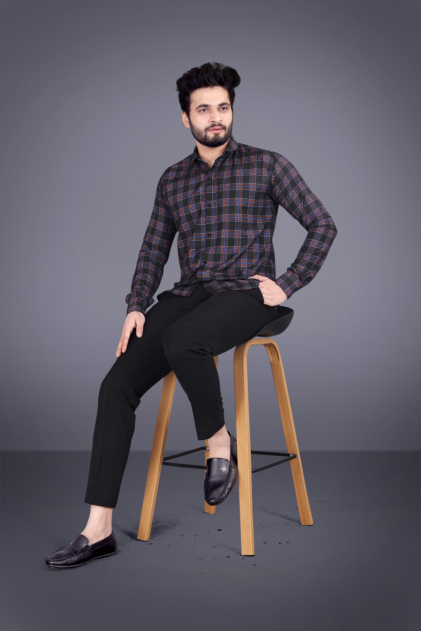 Black Cotton Blend Checks Print Casual Shirt