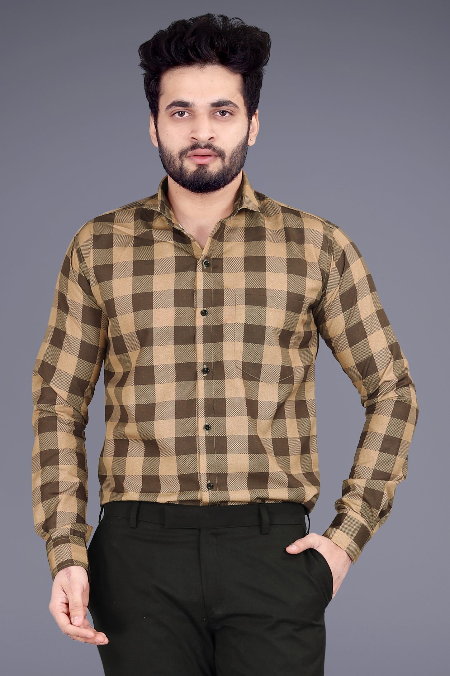 Beige Cotton Blend Checks Print Casual Shirt