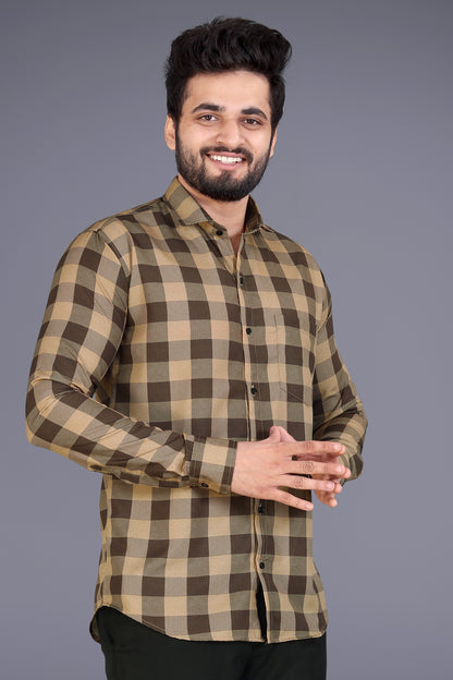 Beige Cotton Blend Checks Print Casual Shirt