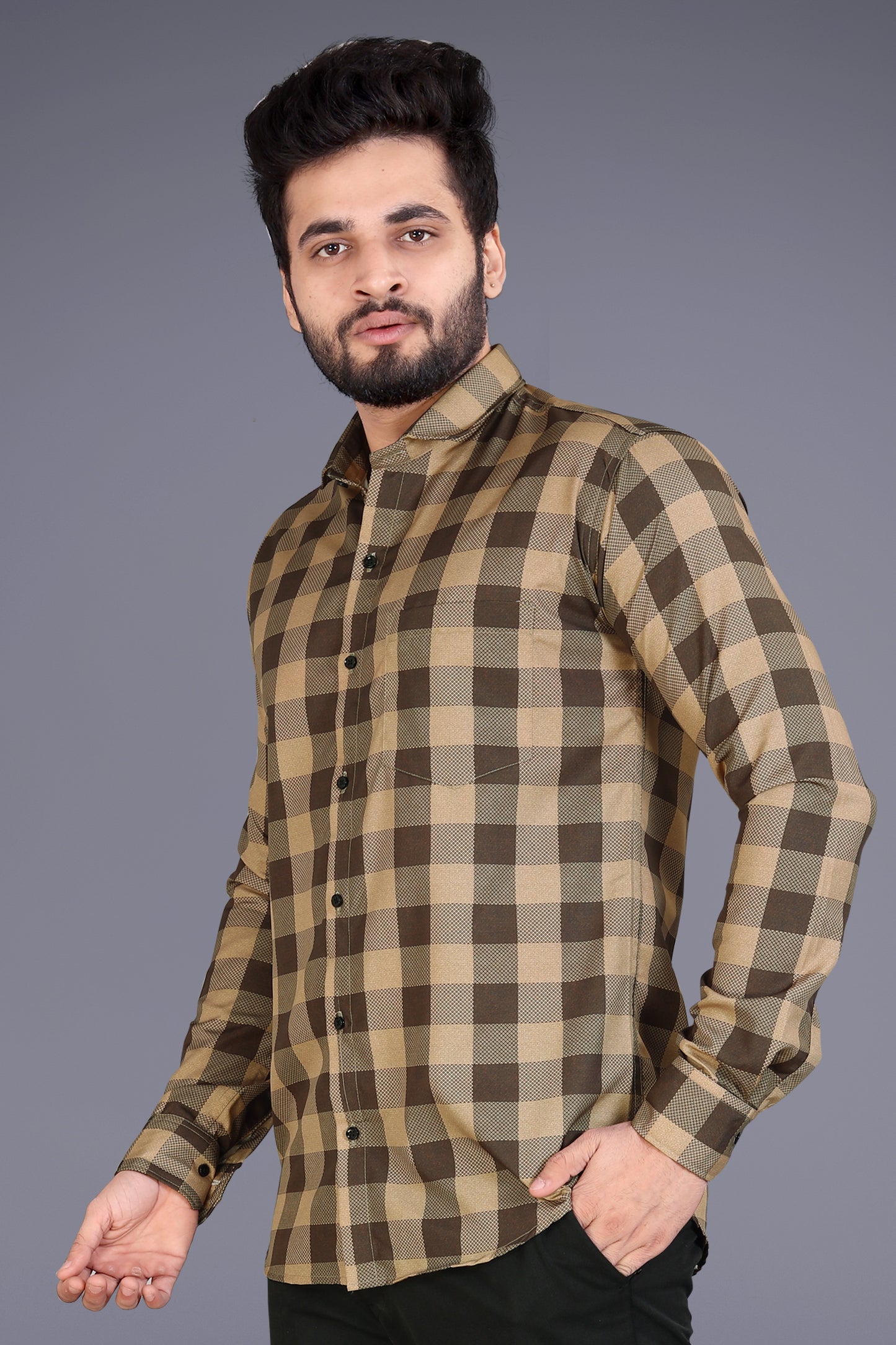 Beige Cotton Blend Checks Print Casual Shirt