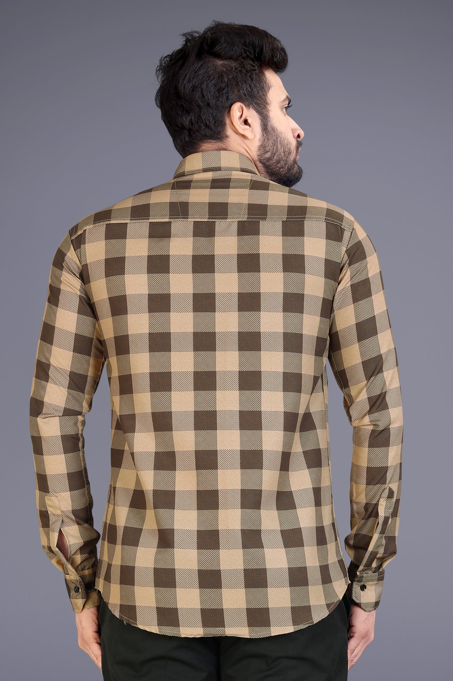 Beige Cotton Blend Checks Print Casual Shirt