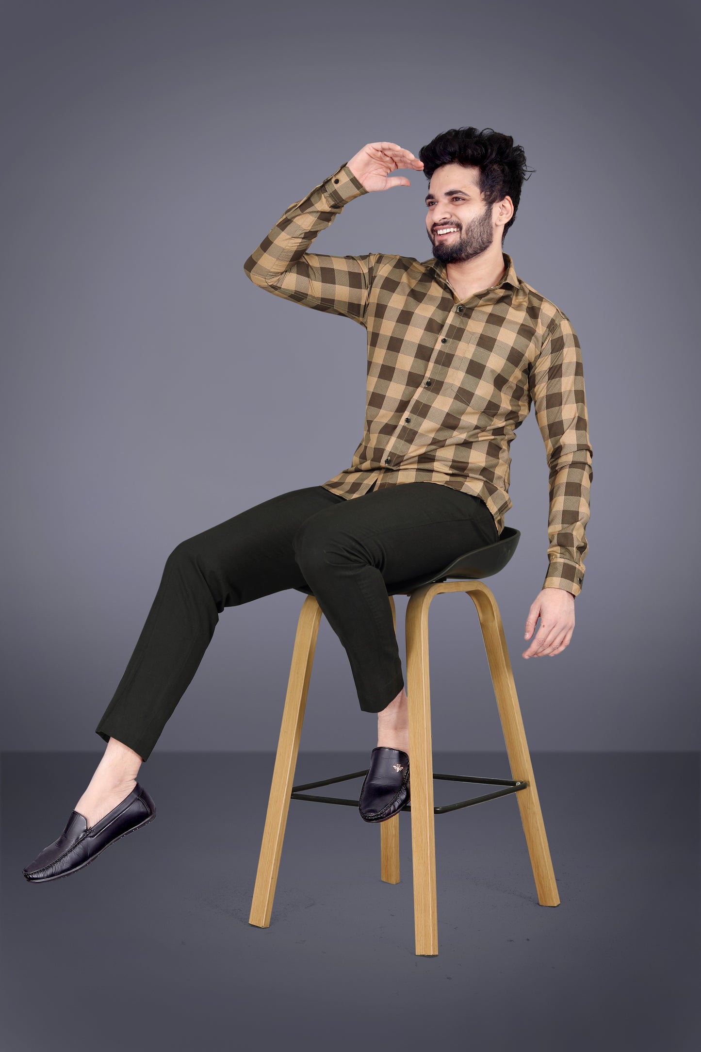 Beige Cotton Blend Checks Print Casual Shirt