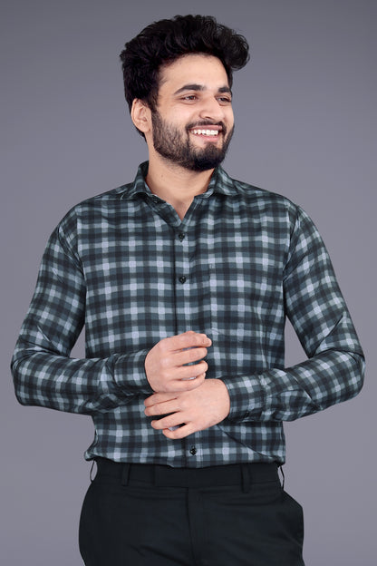 Black Cotton Blend Checks Print Casual Shirt