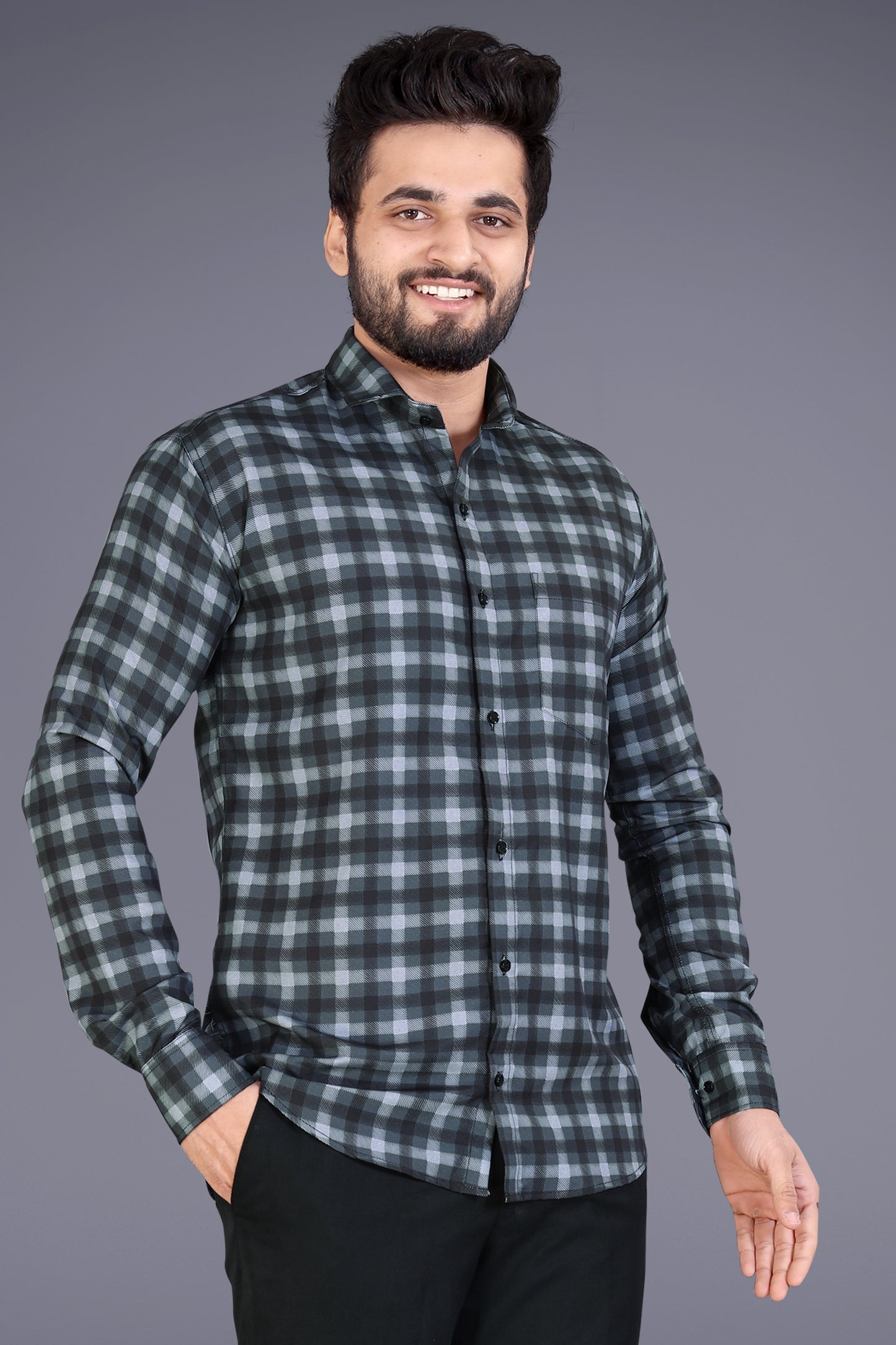 Black Cotton Blend Checks Print Casual Shirt