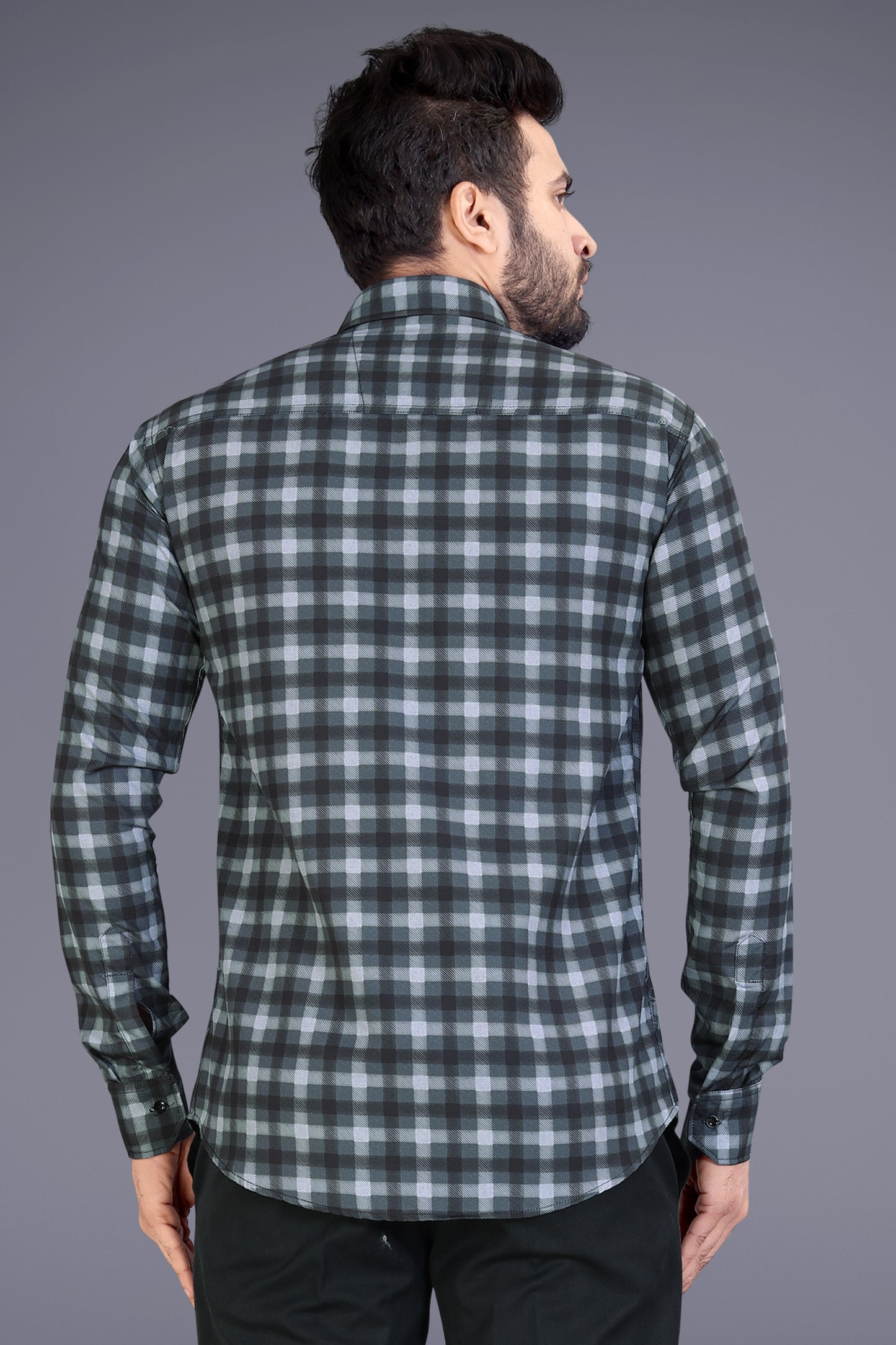 Black Cotton Blend Checks Print Casual Shirt