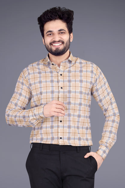 Beige Cotton Blend Checks Print Casual Shirt