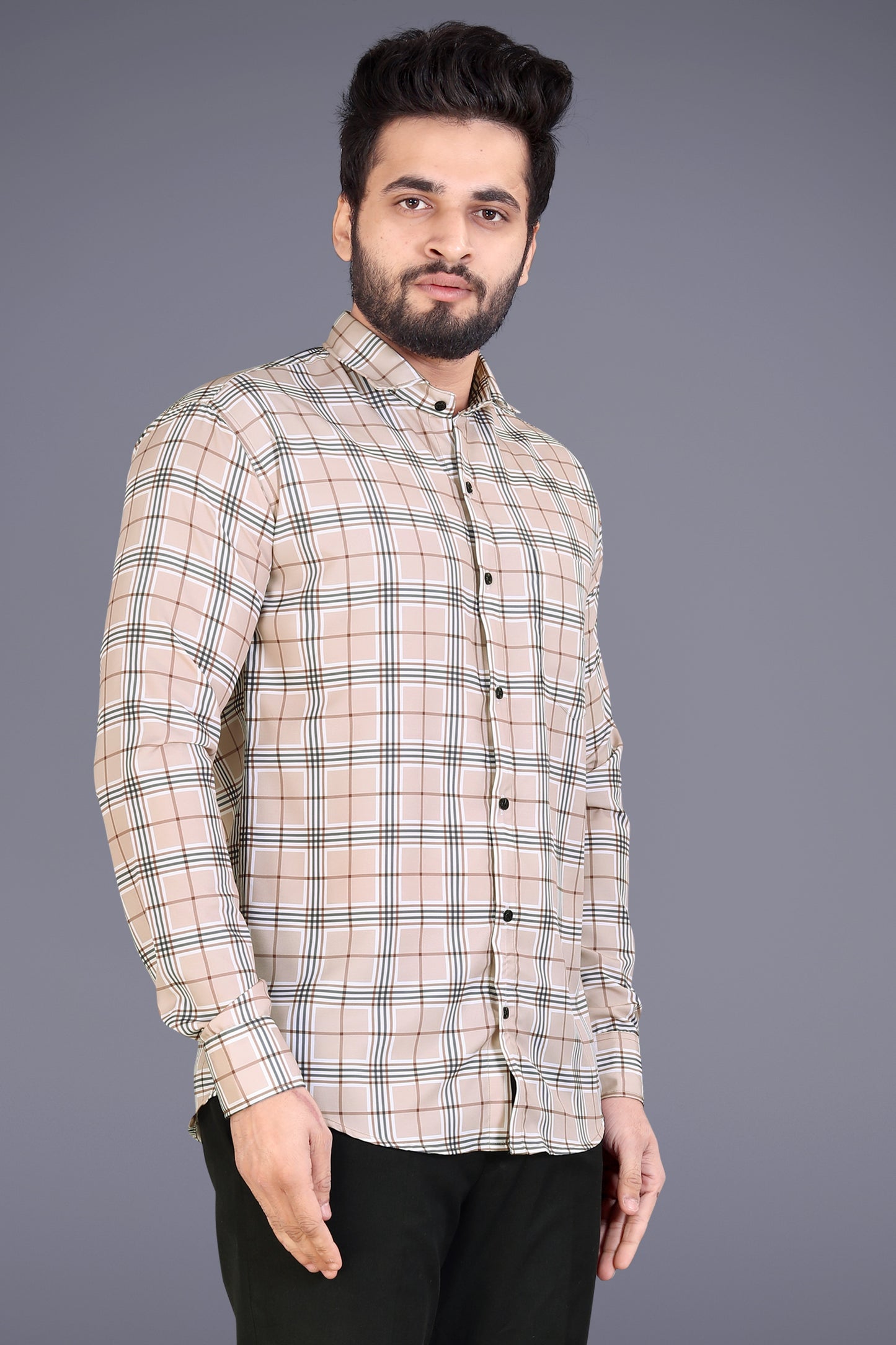 Beige Cotton Blend Checks Print Casual Shirt