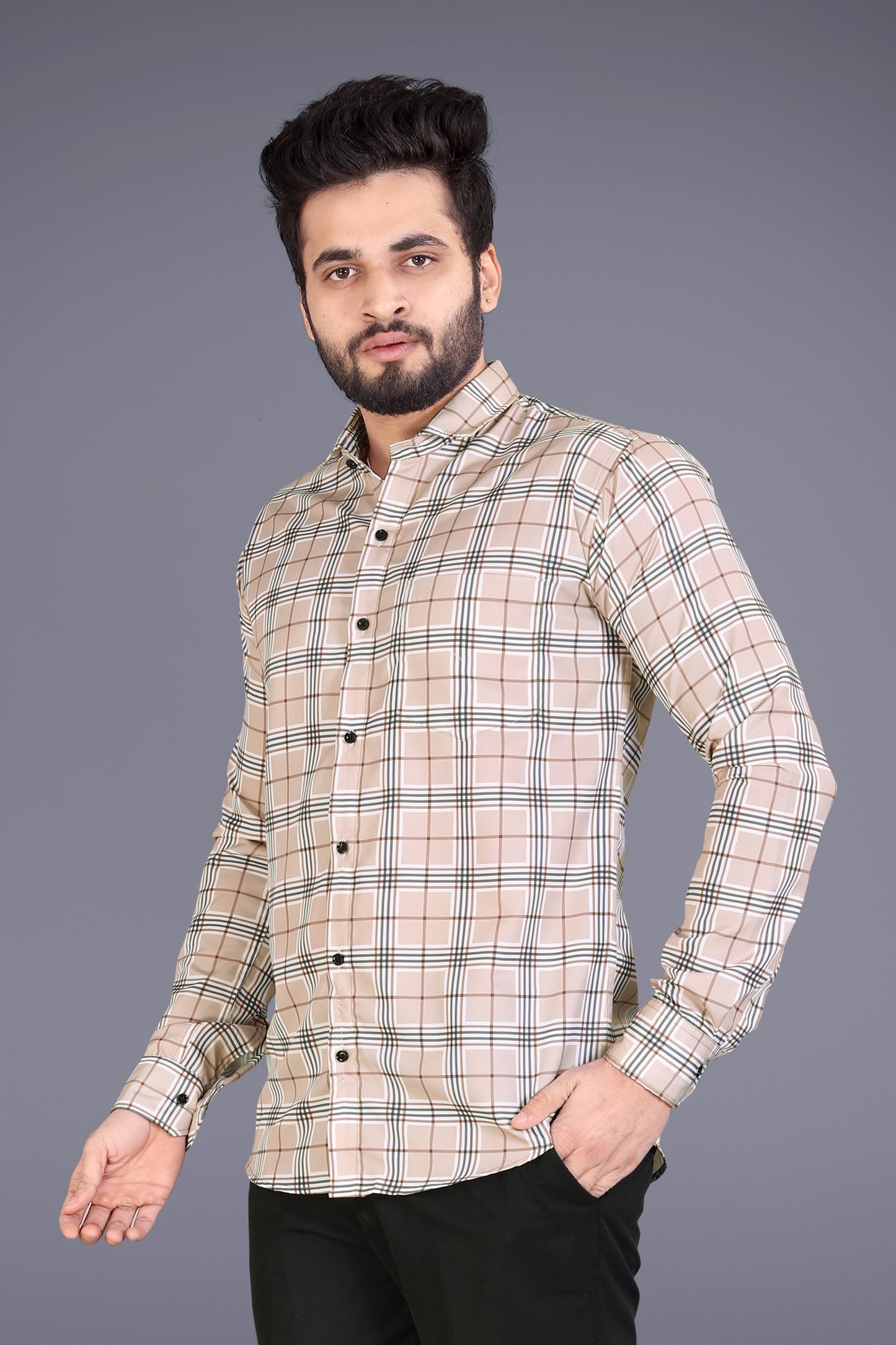 Beige Cotton Blend Checks Print Casual Shirt