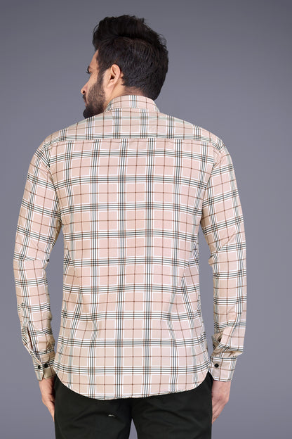 Beige Cotton Blend Checks Print Casual Shirt