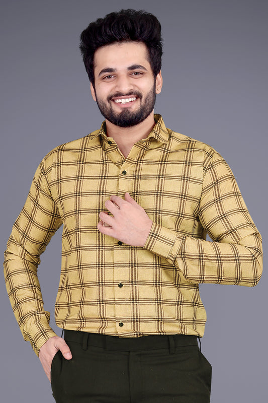 Beige Cotton Blend Checks Print Casual Shirt