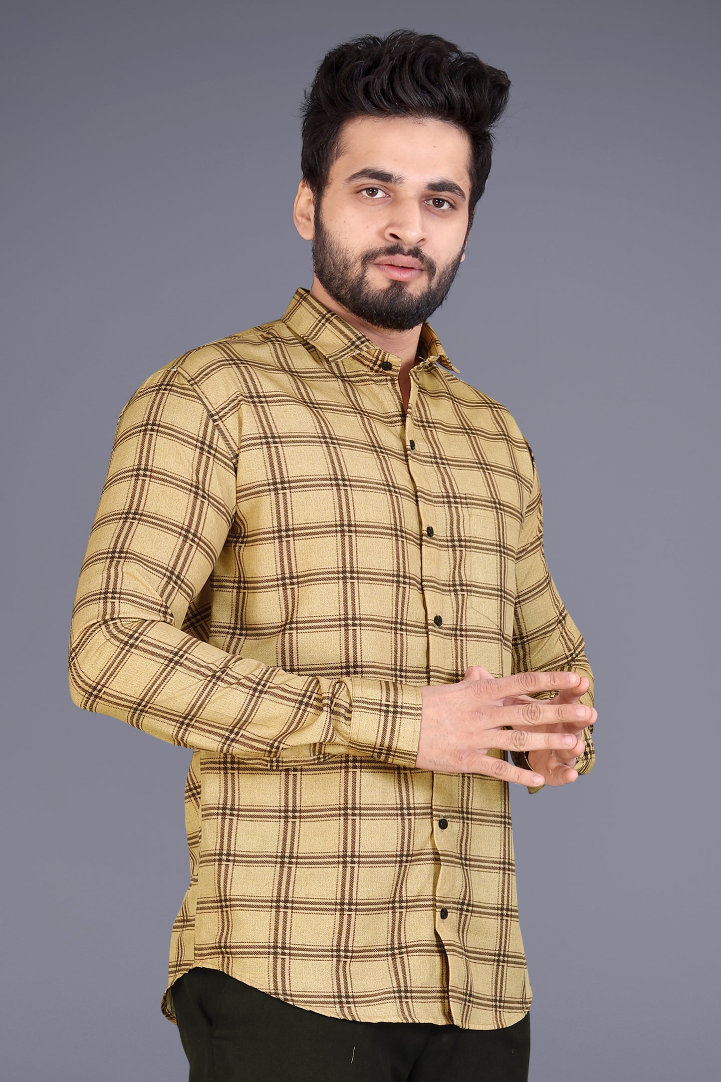 Beige Cotton Blend Checks Print Casual Shirt