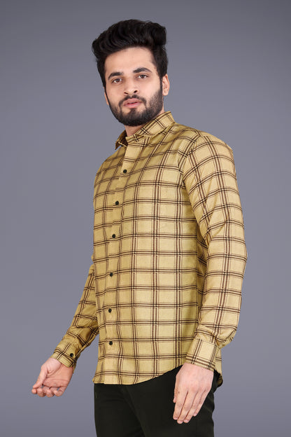 Beige Cotton Blend Checks Print Casual Shirt