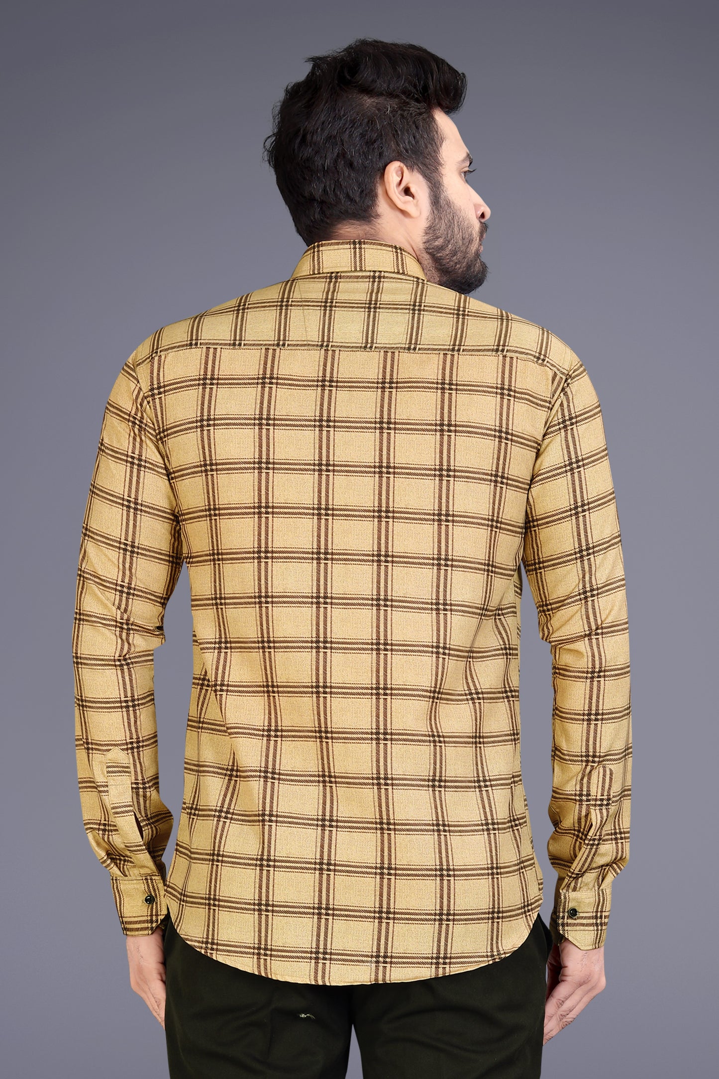 Beige Cotton Blend Checks Print Casual Shirt