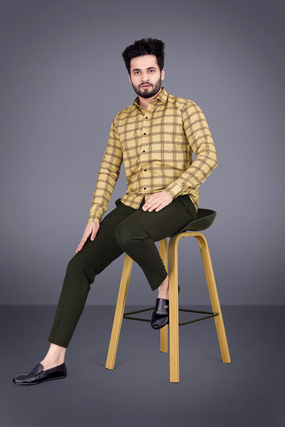 Beige Cotton Blend Checks Print Casual Shirt