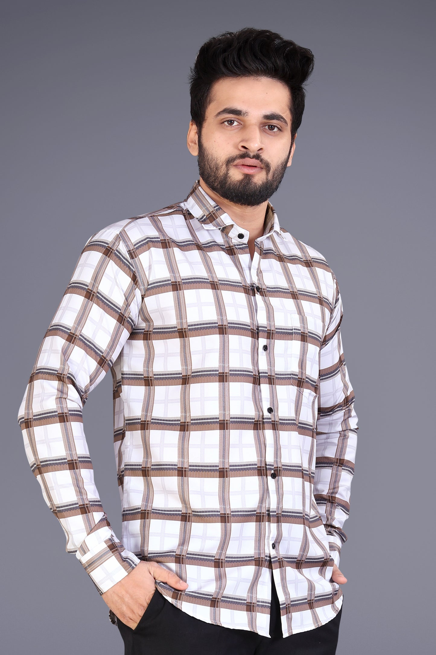 Off-white Cotton Blend Checks Print Casual Shirt