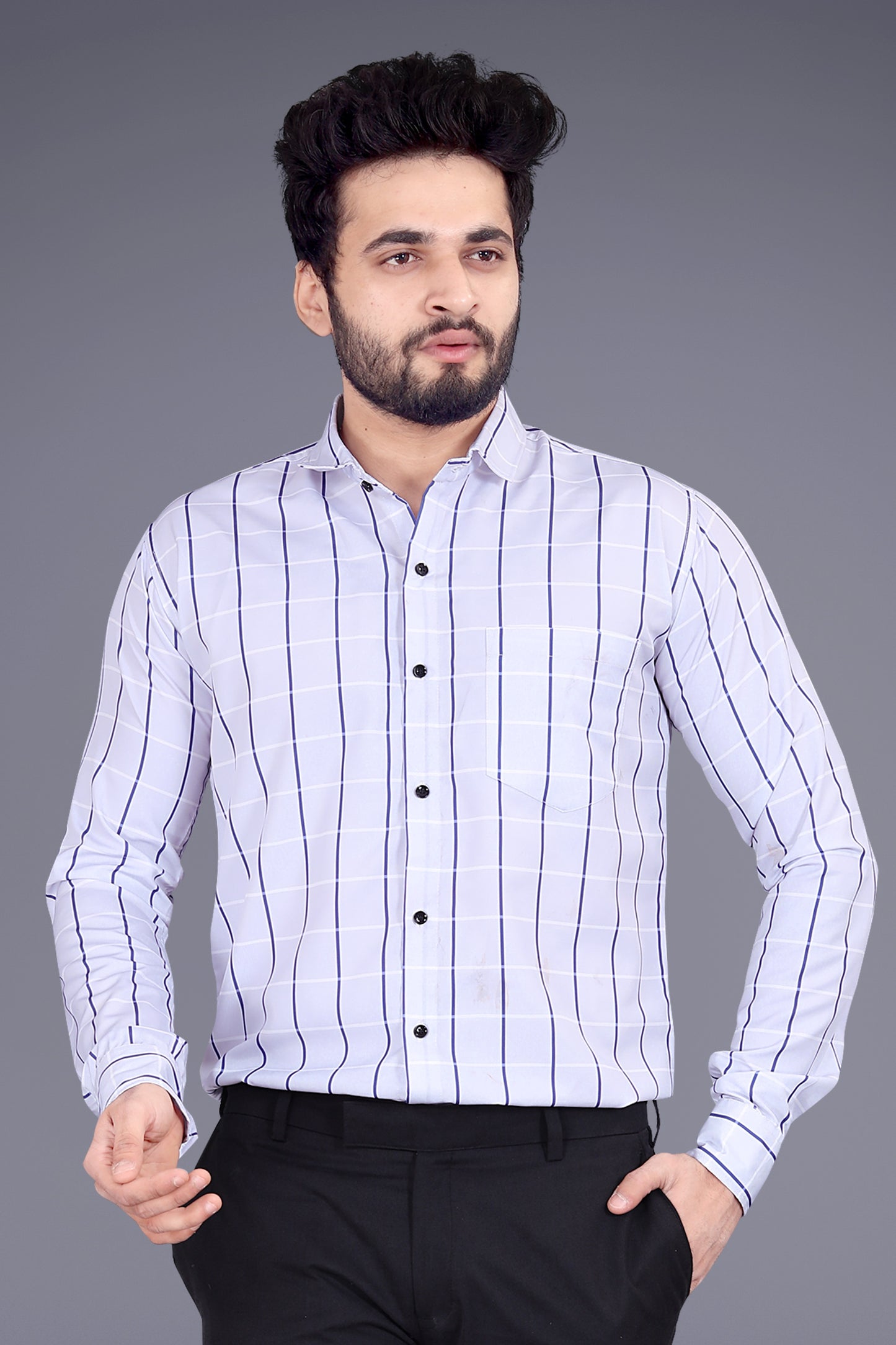 Light Blue Cotton Blend Checks Print Casual Shirt