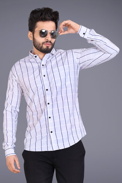 Light Blue Cotton Blend Checks Print Casual Shirt