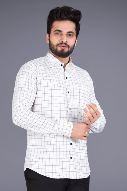 Off-white Cotton Blend Checks Print Casual Shirt