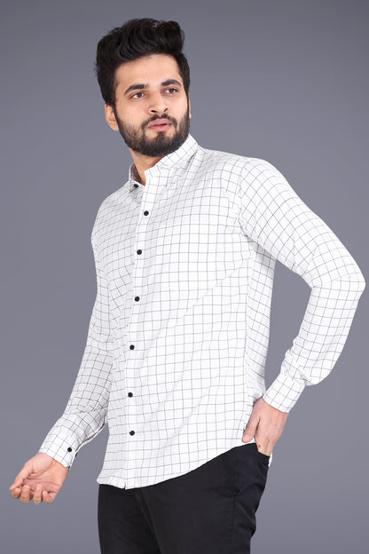 Off-white Cotton Blend Checks Print Casual Shirt