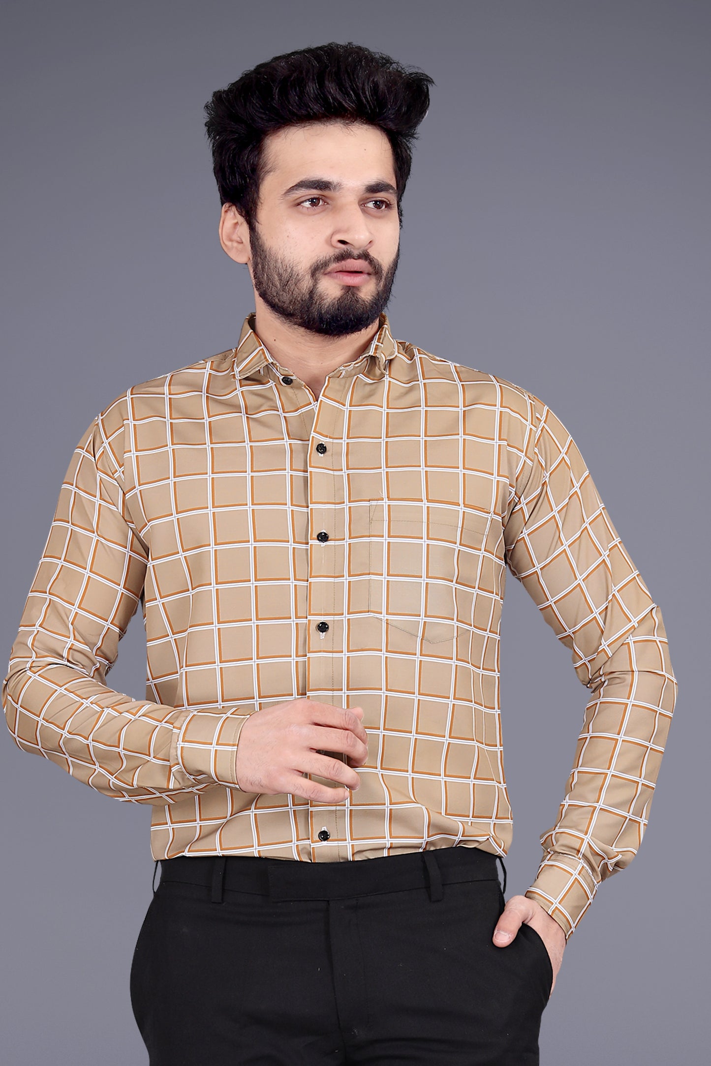 Beige Cotton Blend Checks Print Casual Shirt