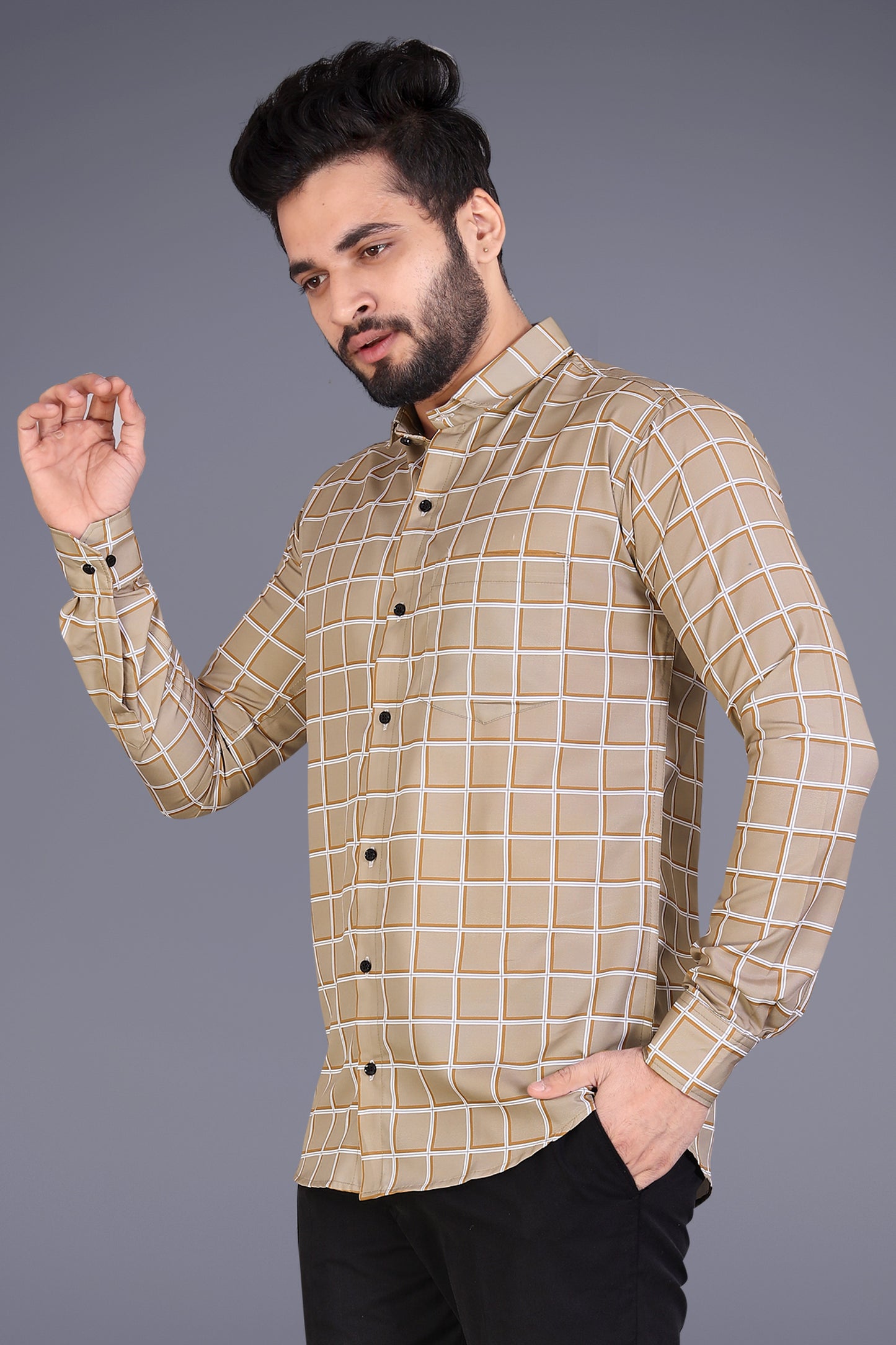 Beige Cotton Blend Checks Print Casual Shirt