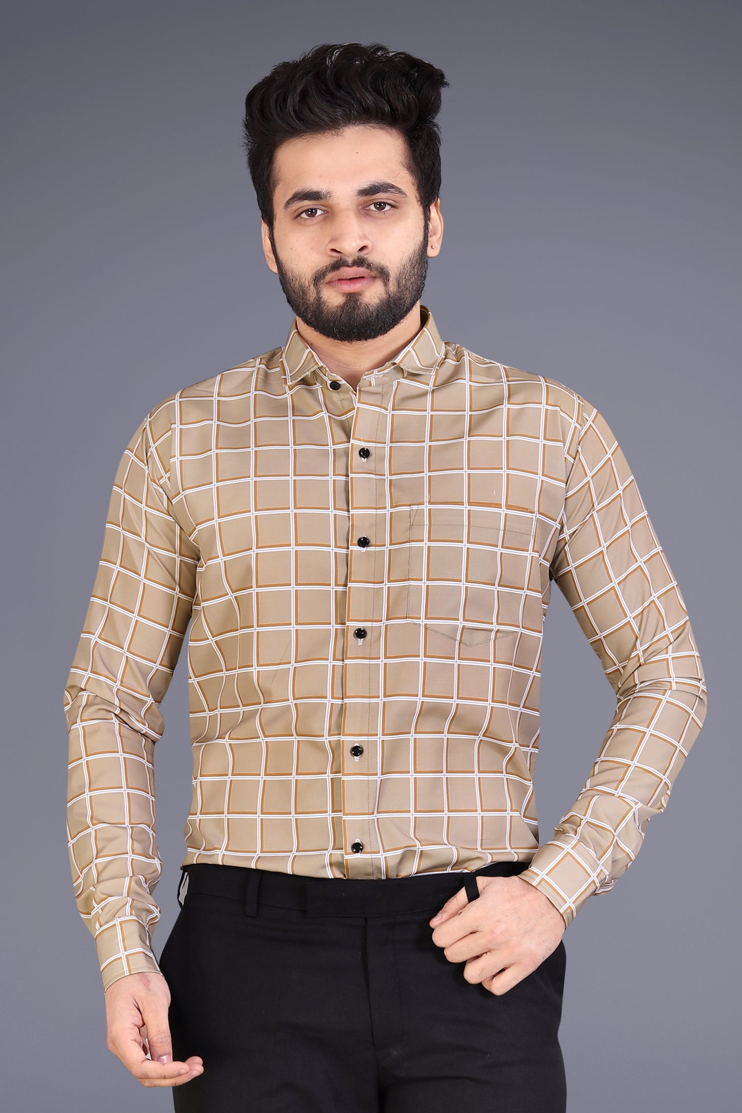 Beige Cotton Blend Checks Print Casual Shirt