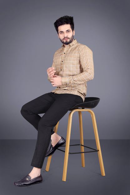 Beige Cotton Blend Checks Print Casual Shirt