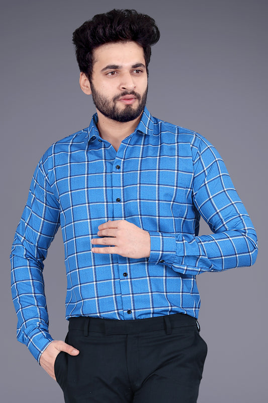 Blue Cotton Blend Checks Print Casual Shirt