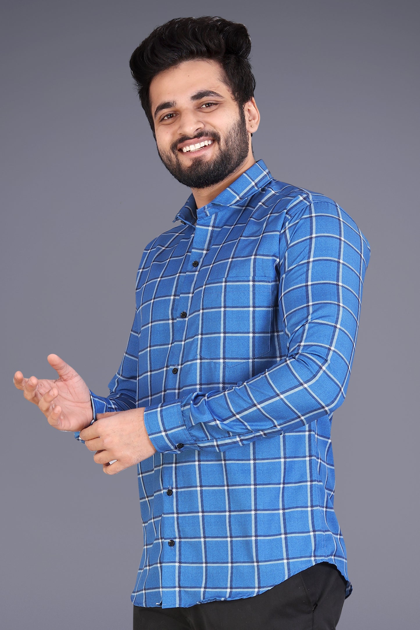 Blue Cotton Blend Checks Print Casual Shirt