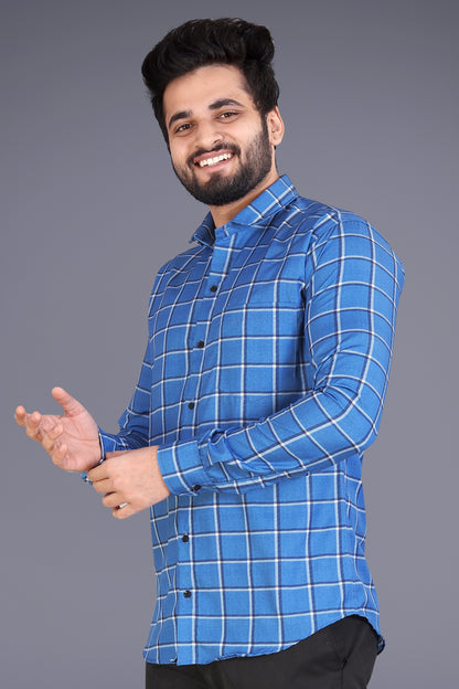 Blue Cotton Blend Checks Print Casual Shirt