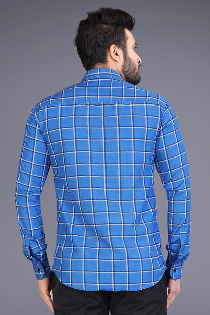 Blue Cotton Blend Checks Print Casual Shirt