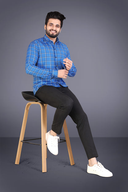 Blue Cotton Blend Checks Print Casual Shirt