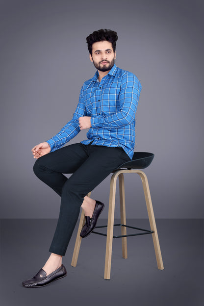 Blue Cotton Blend Checks Print Casual Shirt