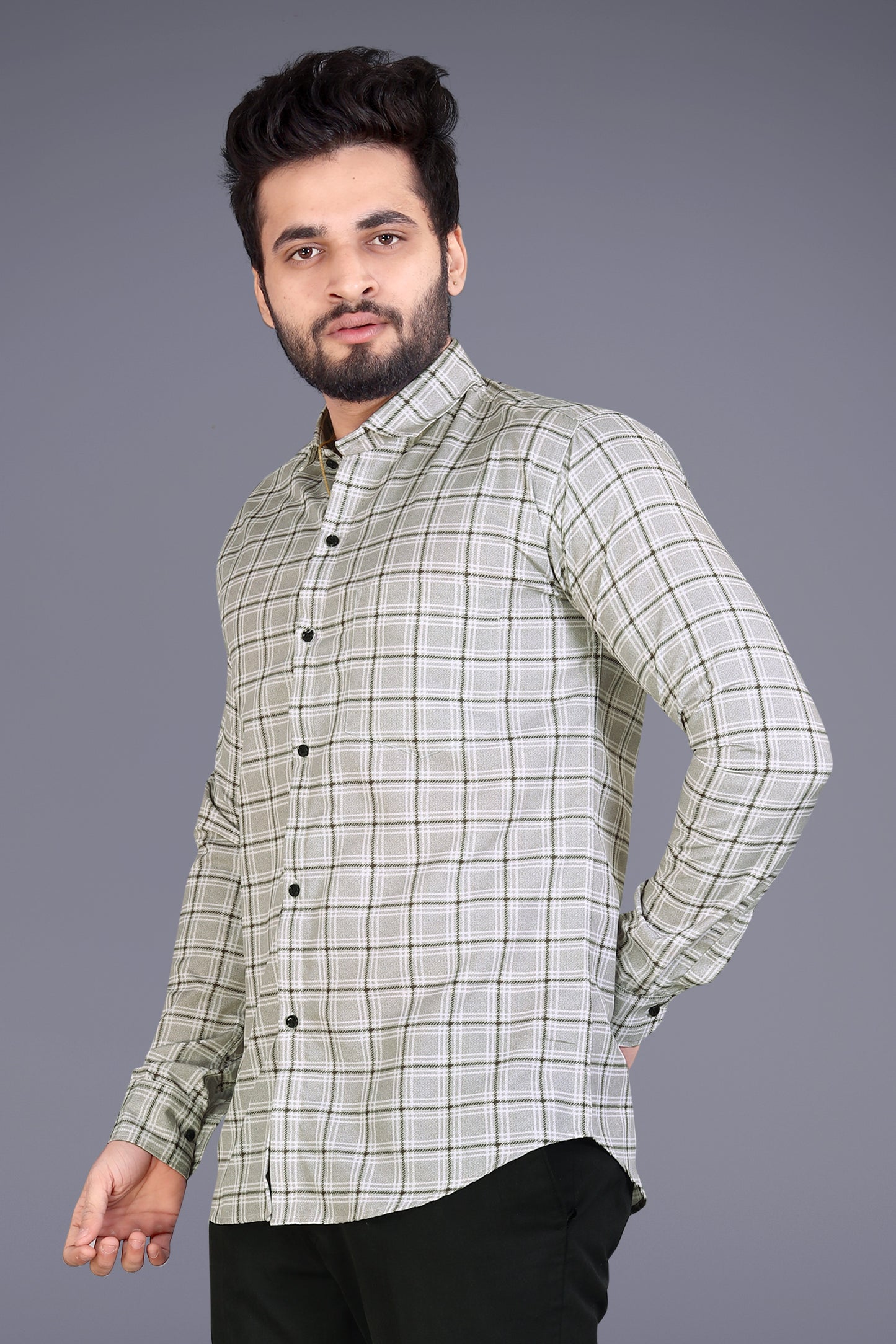 Beige Cotton Blend Checks Print Casual Shirt