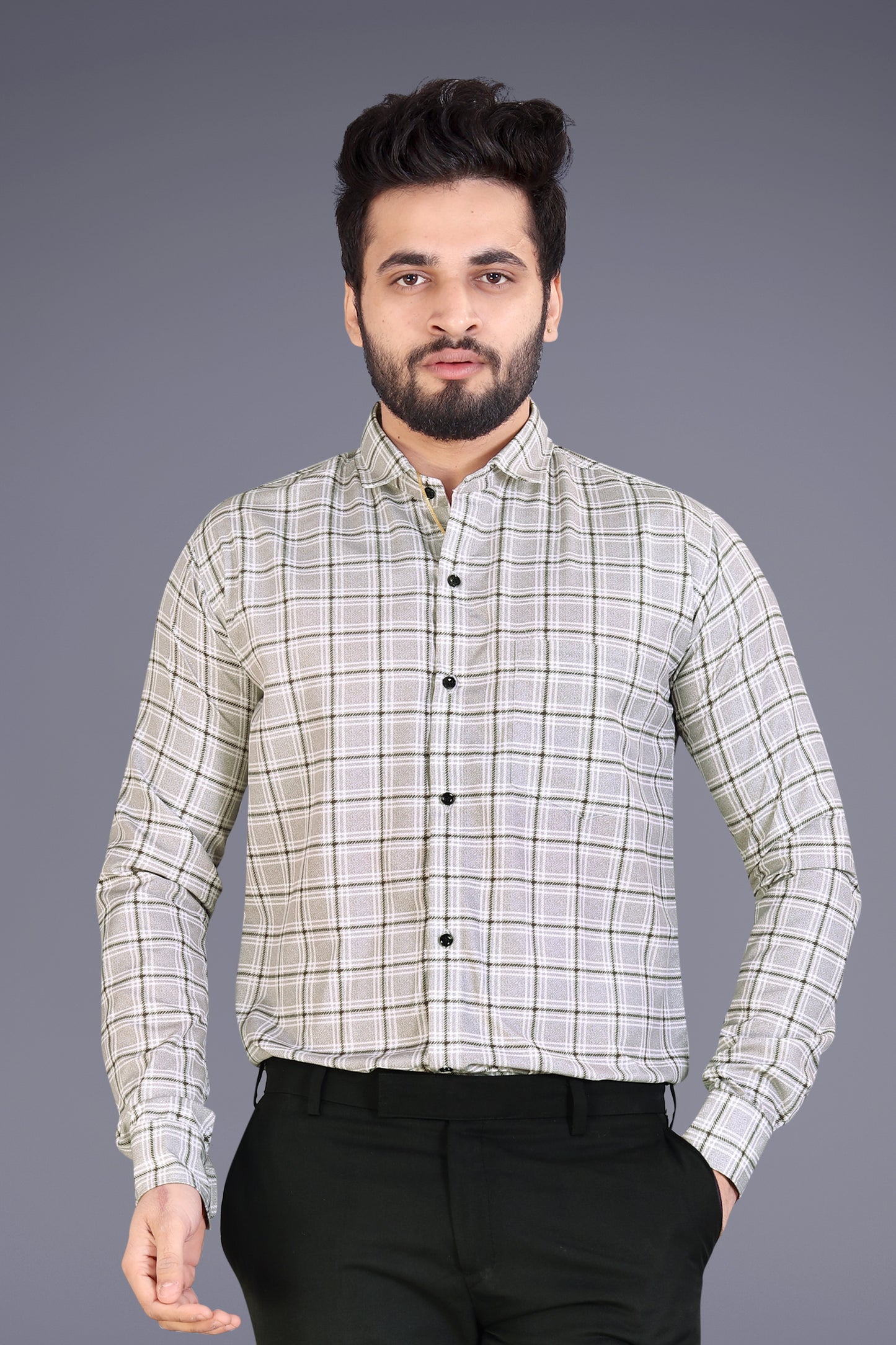 Beige Cotton Blend Checks Print Casual Shirt