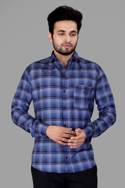 Blue Cotton Blend Checks Print Casual Shirt